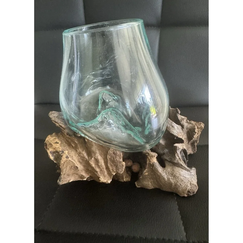 Hand Blown Glass Driftwood Bowl Planter Vase Rustic Coastal Boho Decor OOAK